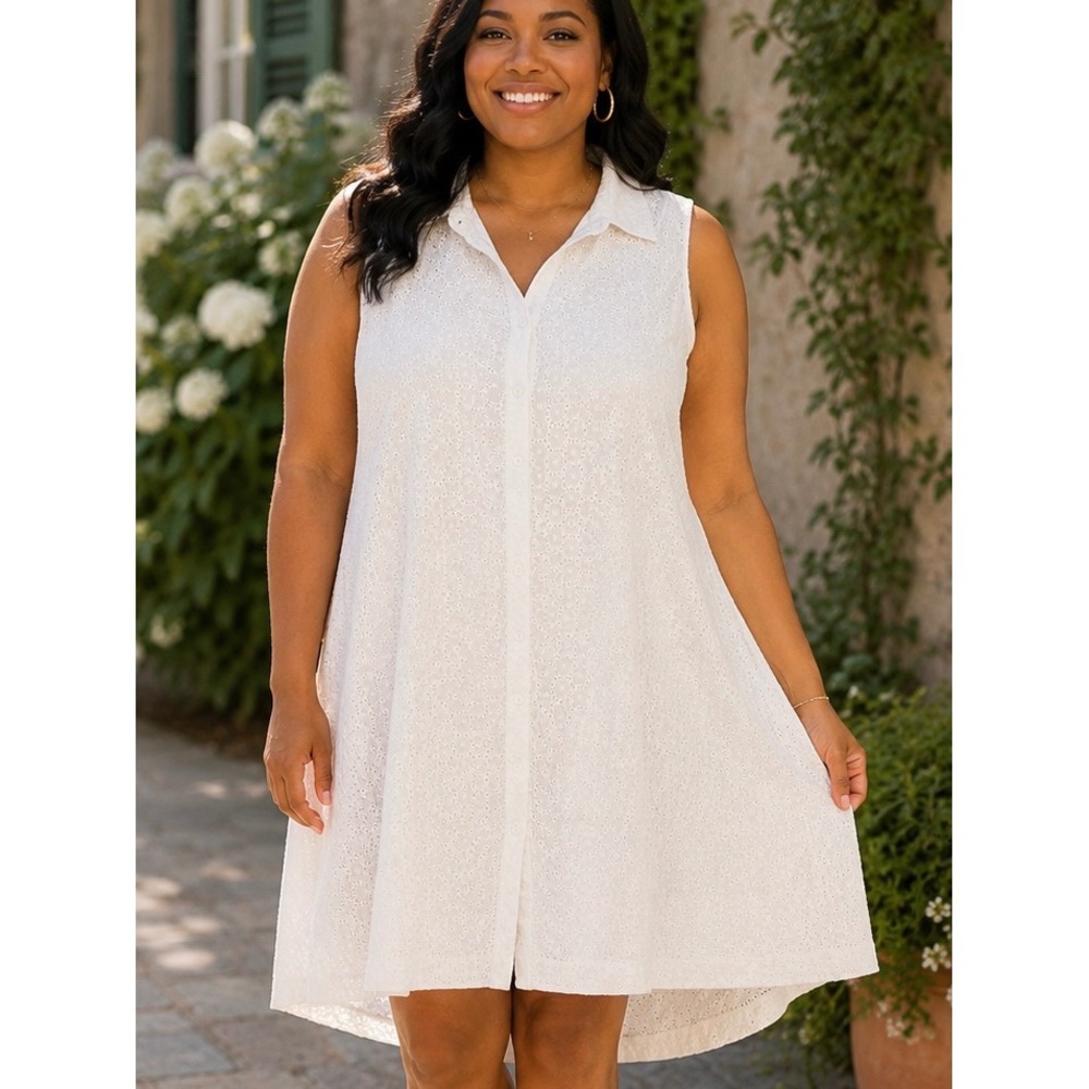 Anne Klein Women Shirt Dress White 24W Eyelet Lace Midi Cottagecore Beach Summer
